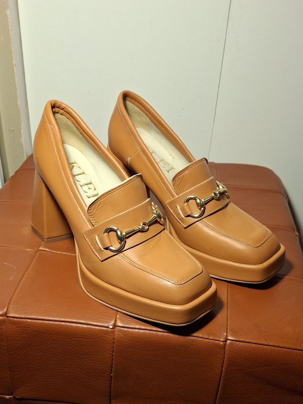 KLEIT Platform Loafer Heels with Gold Horsebit